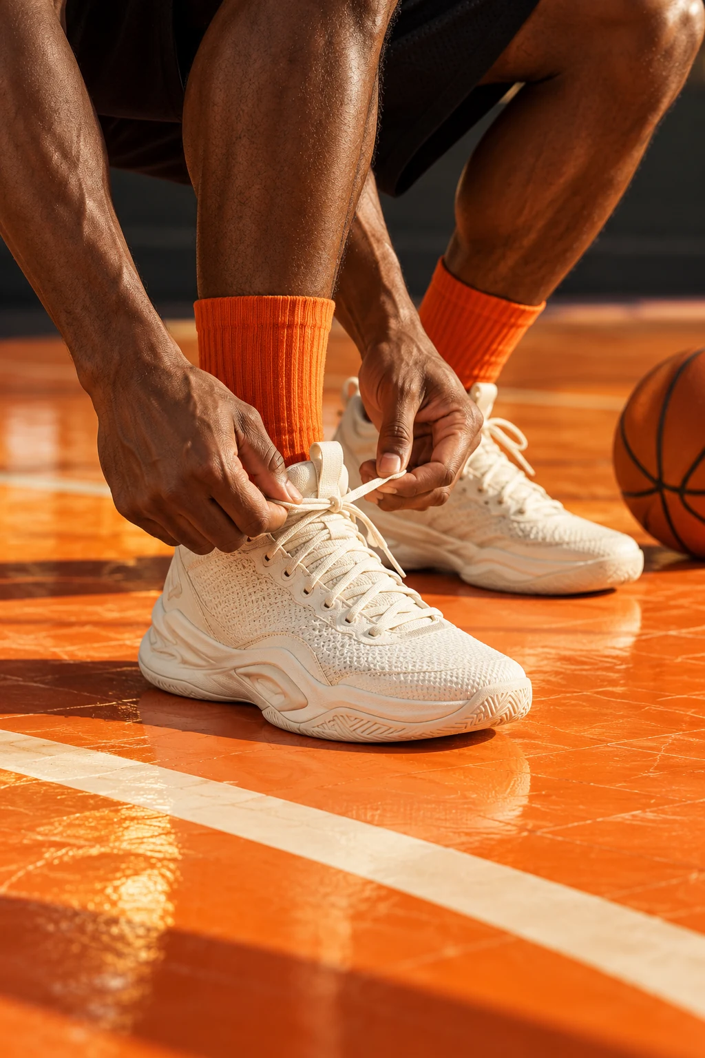 Player driving forward with a basketball, cropped close in warm light