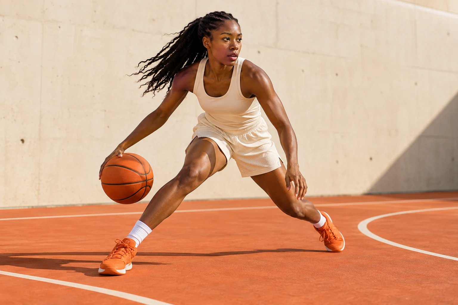 Basketball resting in warm orange light