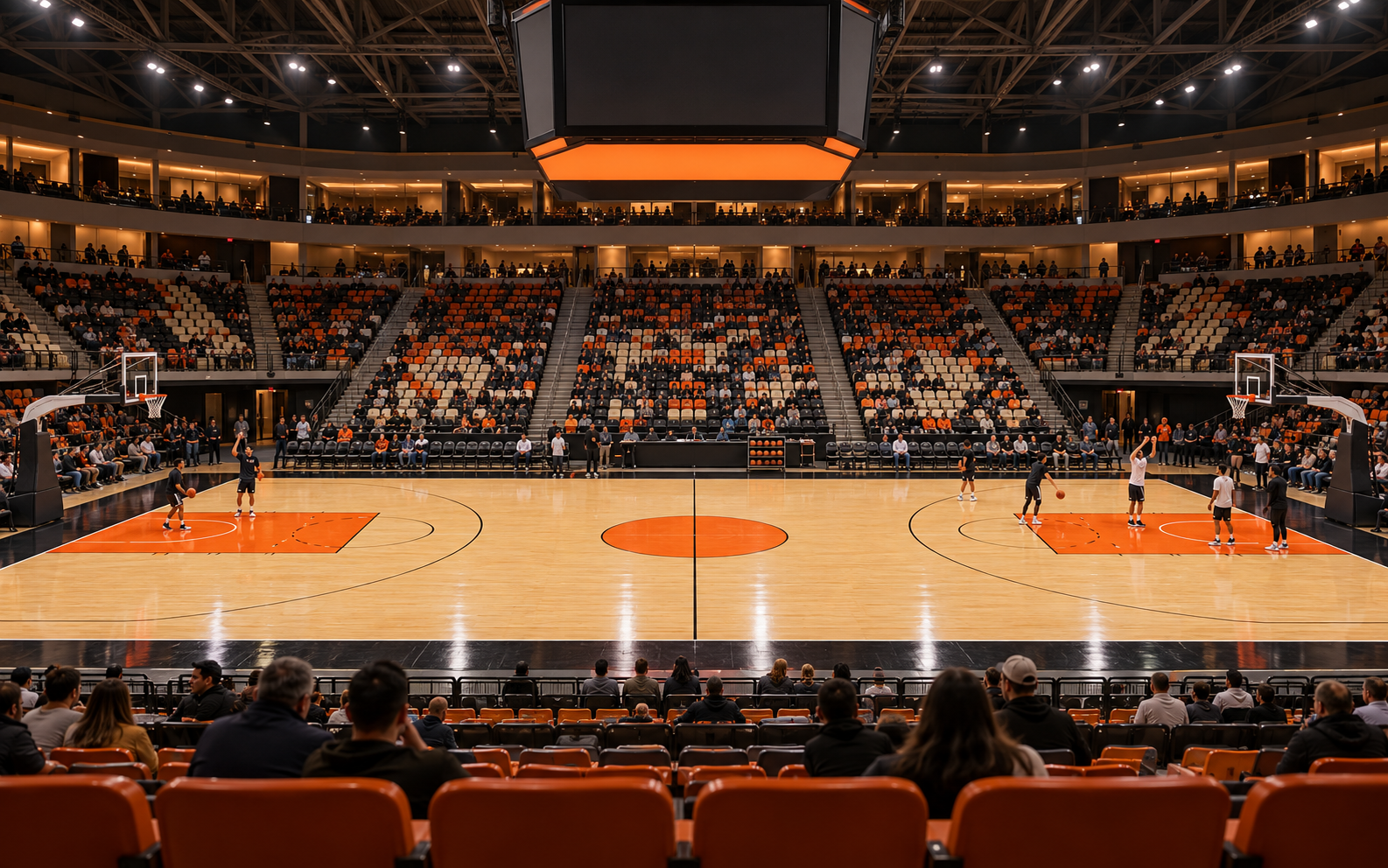 Courtside view of BOUNCE Arena showing the court and packed stands