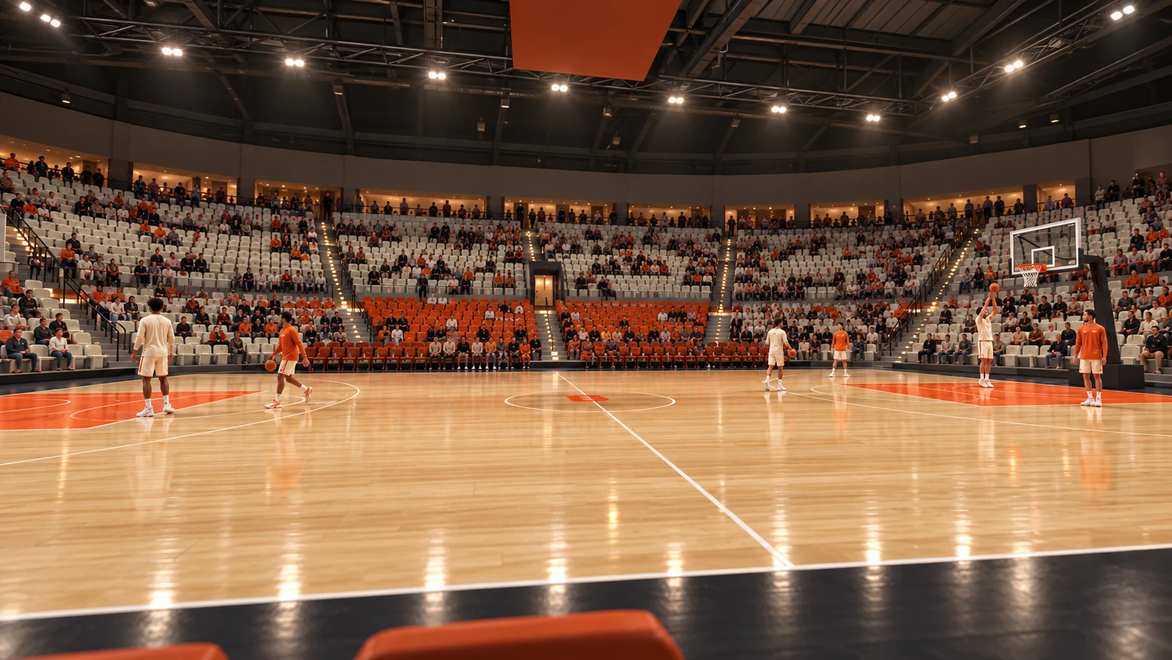 Illustrative courtside atmosphere with a crowd and players on court