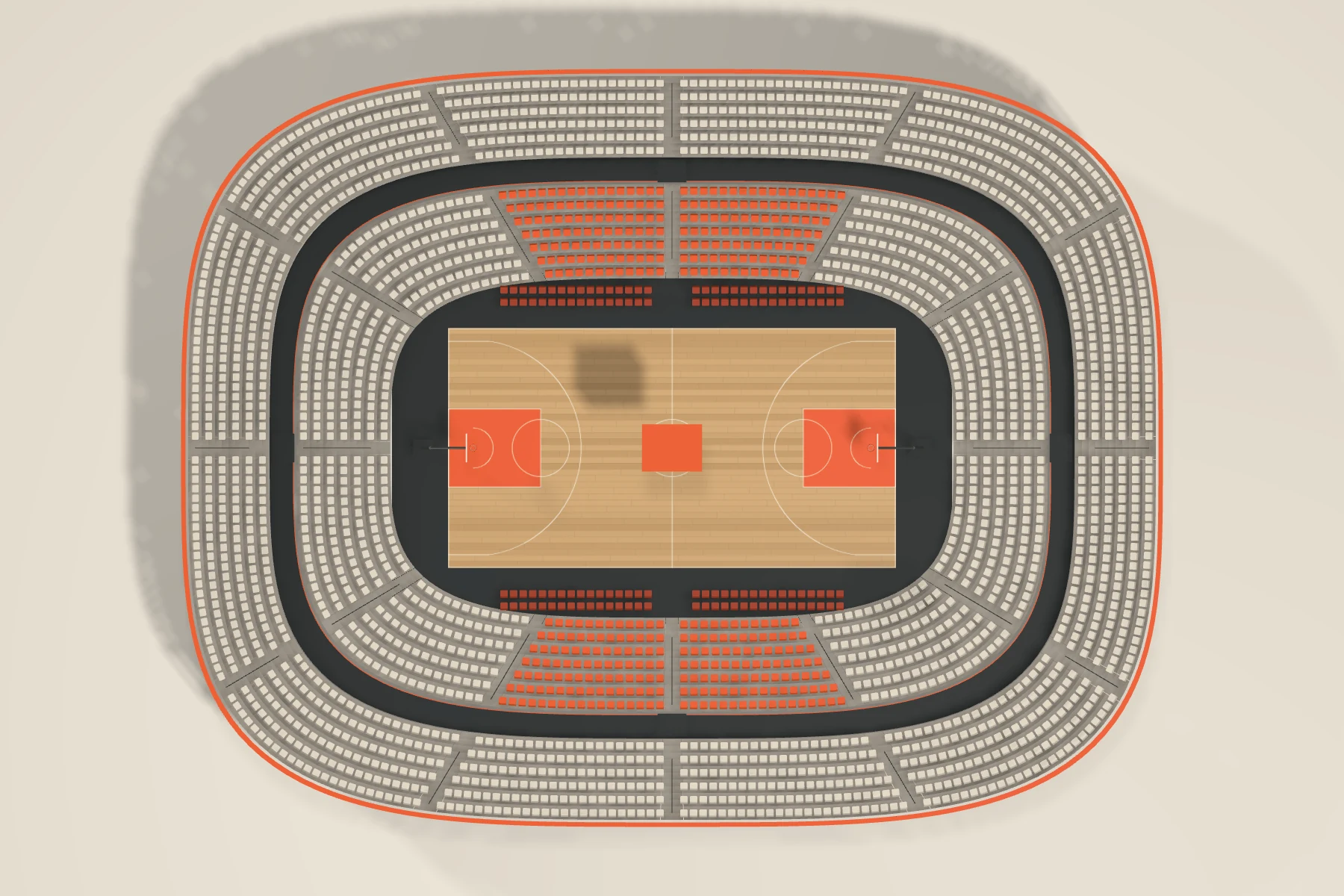 Render of the BOUNCE Arena upper stand curving around the court